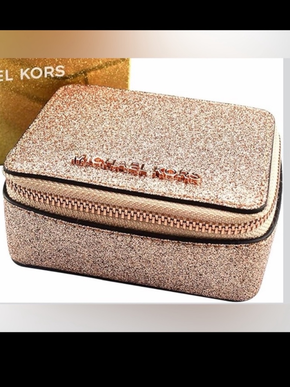 Michael Kors Shimmering Glitter Gold travel pill medication or jewelry case NEW!